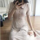 Short-sleeve Mesh Overlay A-line Midi Dress