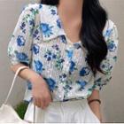 Short-sleeve Floral Print Embroidered Blouse
