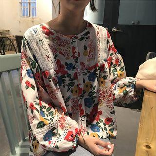Floral Print Crochet Trim Blouse As Shown In Figure - One Size