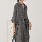 Checked Drawstring Elbow-sleeve Collared Dress