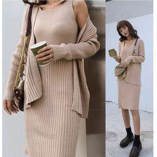 Set: Cardigan + Spaghetti Strap Knit Dress