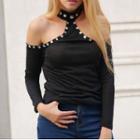 Studded Cold-shoulder Long-sleeve T-shirt