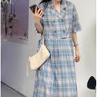 Collared Plaid Short-sleeve Midi A-line Dress Plaid - Gray & Blue - One Size