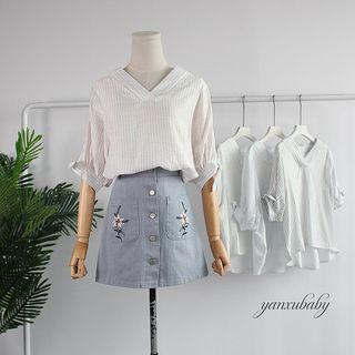 Pinstriped Elbow-sleeve V-neck Blouse