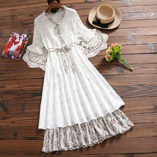 Mock Two-piece Bell-sleeve Maxi Printed Dress