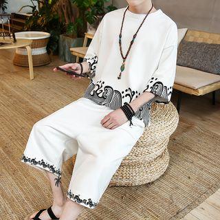 Set: Printed 3/4-sleeve T-shirt + Cropped Wide Leg Pants