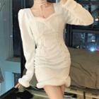 Long-sleeve Lace-up Fluffy Trim Mini Sheath Dress
