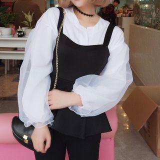 Mesh Long-sleeve Blouse / Ruffle Sleeveless Top