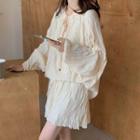Long-sleeve Ruched Panel Strap Knot Top / Causal Ruched Panel Wide-leg Shorts