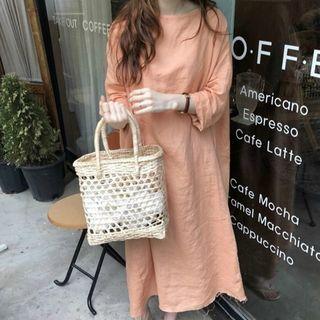 Plain Long-sleeve Dress Light Pink - One Size