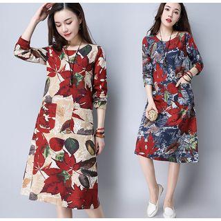 Leaf Print Midi A-line Dress