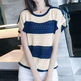 Short-sleeve Striped Pointelle Knit Top Blue - One Size