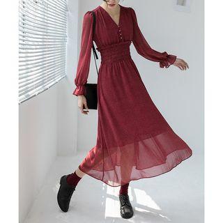 V-neck Dotted Long-sleeve Midi Chiffon Dress