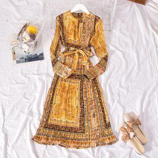 Long-sleeve Patterned Midi A-line Dress Yellow - One Size