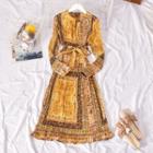 Long-sleeve Patterned Midi A-line Dress Yellow - One Size