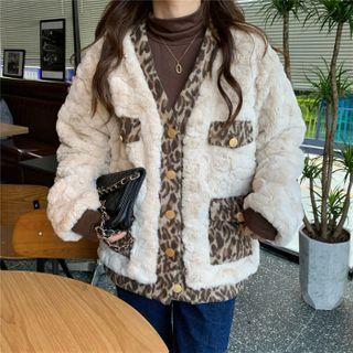 Leopard Print Trim Single-breasted Furry Jacket Almond & Brown - One Size