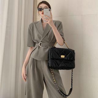 Elbow-sleeve Blazer With Belt / Wide-leg Dress Pants