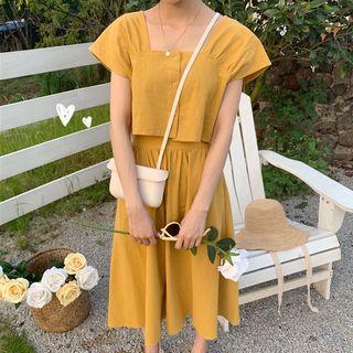 Set: Short-sleeve Crop Top + Midi A-line Skirt