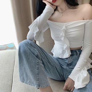 Frilled Long-sleeve Slim-fit Cropped Top White - One Size