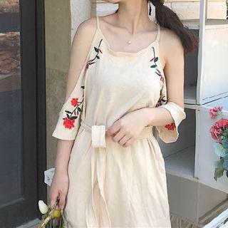 Flower Embroidered Cut Out Shoulder 3/4 Sleeve Dress