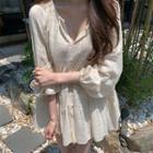Long-sleeve Tie Neck Loose Fit Plain Dress