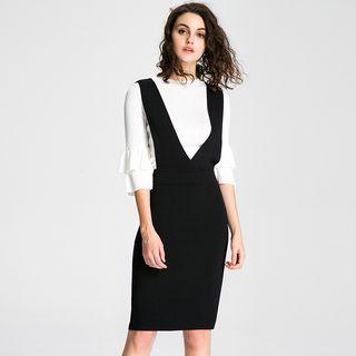 Set: 3/4 Sleeve Top + Knit Midi Pinafore Dress