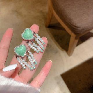 Heart Faux Pearl Fringed Earring 1 Pair - C160 - Green - One Size