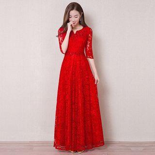 Elbow Sleeve A-line Lace Evening Gown