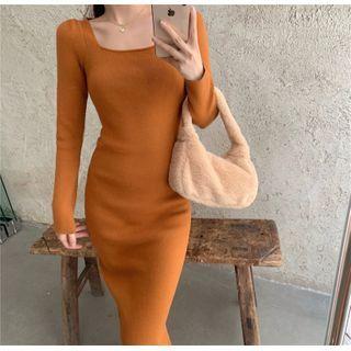 Long-sleeve Square Neck Midi Sheath Knit Dress
