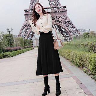 Set: Contrast Stitch Blouse + A-line Midi Skirt