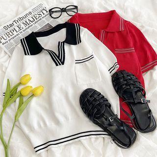 Short-sleeve Color Block Polo Collar Knit Top