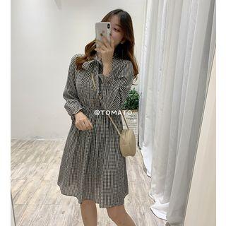 Checked Tie-neck Long-sleeve A-line Dress Gingham - Black & White - One Size