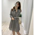 Checked Tie-neck Long-sleeve A-line Dress Gingham - Black & White - One Size