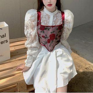 Puff Sleeve Lace Shirt / High Waist Silky A-line Mini Skirt / Floral Print Lace-up Corset