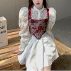 Puff Sleeve Lace Shirt / High Waist Silky A-line Mini Skirt / Floral Print Lace-up Corset