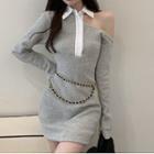 Long-sleeve Cut Out Collared Mini Dress / Waist Chain
