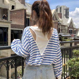 Long-sleeve Striped Cut-out Back T-shirt