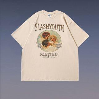 Elbow-sleeve Angle Print T-shirt