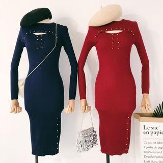 Beaded Cutout Knit Sheath Dress