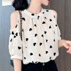 Heart Print Cold Shoulder Elbow-sleeve Blouse
