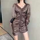 Long-sleeve Ruched Leopard Print Dress As Shown In Figure - One Size