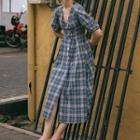 Puff-sleeve V-neck Single-breasted Plaid A-line Dress