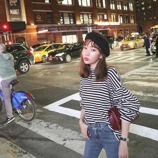 Mock-neck Stripe Cotton Pullover