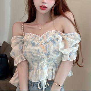 Off-shoulder Drawstring Smocked Cropped Top