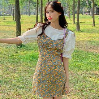 Puff Short-sleeve Top / Floral Strappy A-line Dress