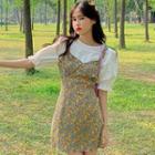 Puff Short-sleeve Top / Floral Strappy A-line Dress