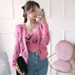 Set: Open-front Letter Print Cardigan + Camisole Top