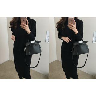 Set: Round-neck Knit Top + Band-waist Midi Skirt