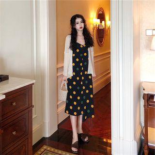 Set: Open Front Cardigan + Dotted Spaghetti Strap Midi A-line Dress