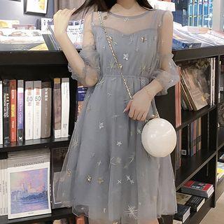 Set: Sheer 3/4-sleeve Midi A-line Dress + Slipdress